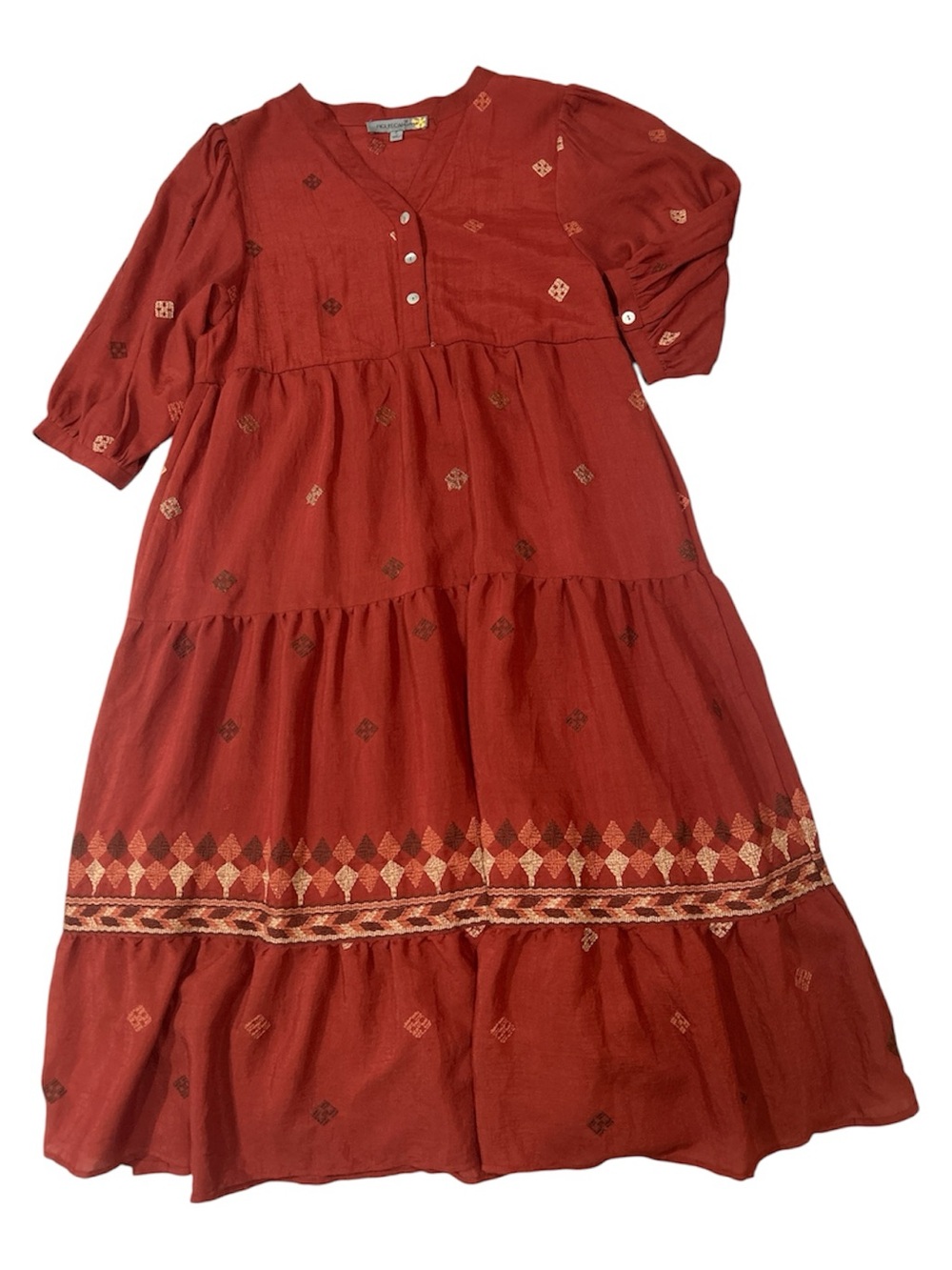 Figueroa & Flower Rust Tiered boho Embroidered Maxi Dress Sz S oversized
